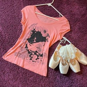 H&M Screenprint Ladies' Coral Hennes Organic Cotton Tee T Shirt Cap Sleeve Small